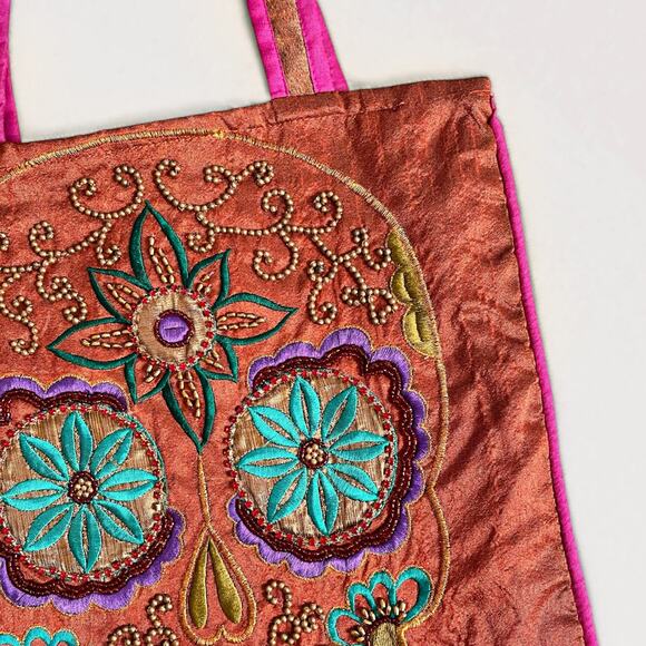 Skull Embroidered Halloween Tote Bag Day Of The Dead Rust Orange Satin Beaded - Picture 2 of 7
